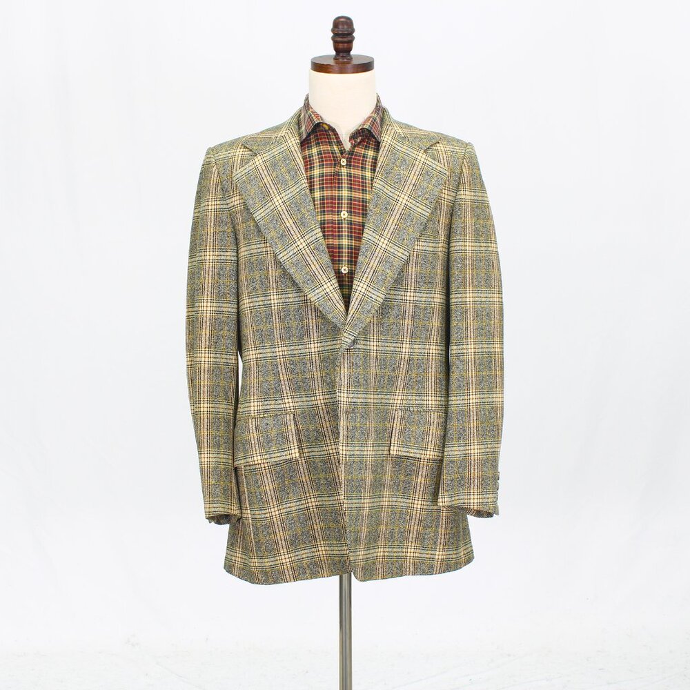 Vintage 1970s 42L Beige Blazer Sport Coat Jacket 2-Button Check Y506